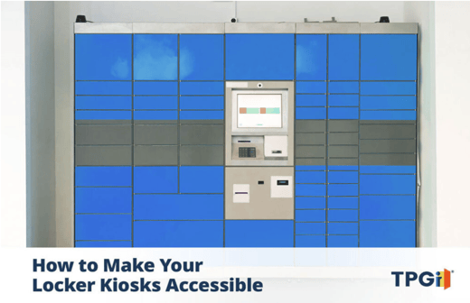 A self-serve storage locker against a wall with interactive kiosk positioned at the center of the lockers. How to Make Your Locker Kiosks Accessible. TPGi.