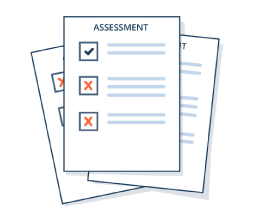 Three reports stacked. The top report says Assessment with three boxes in a column to the left of  three paragraphs. The first box has a check mark. Two boxes have x marks.